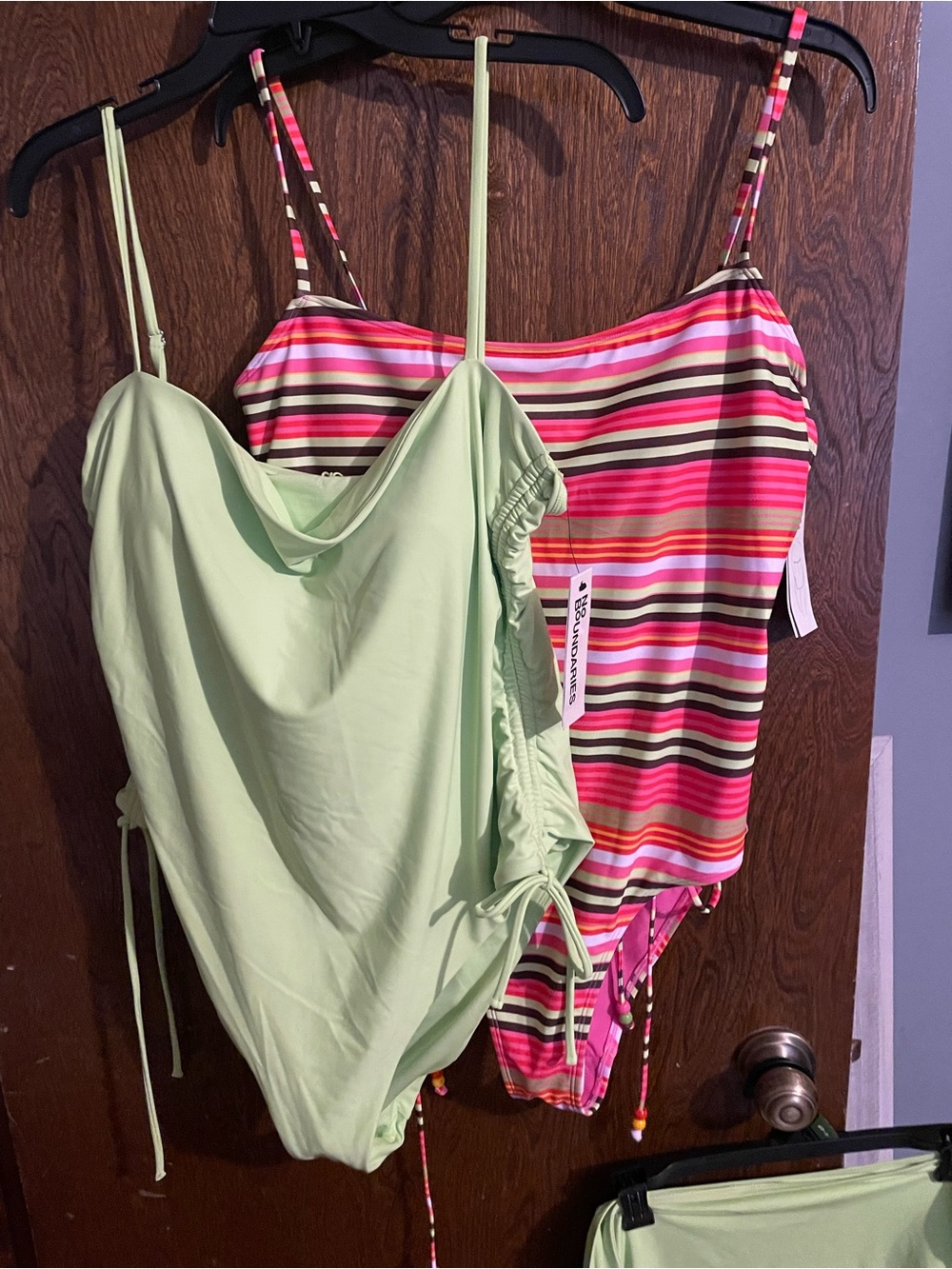 No Boundaries Women's Swim Bodysuits – Mint Green and Pink Multi-Stripe